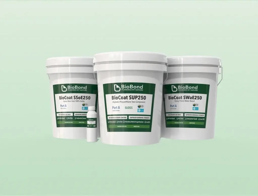 BioBond BioCoat products shown as low VOC, microplastic-free coatings for industrial facilities.