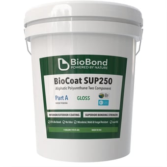 BioBond BioCoat SUP250 aliphatic polyurethane protective coating in a white 5-gallon pail, formulated to provide abrasion resistance and antimicrobial surface protection.