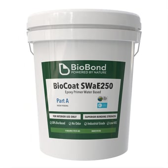 BioBond BioCoat SWaE250 water-based epoxy primer in a white 5-gallon pail, designed for strong adhesion and durable surface preparation in interior coating systems.