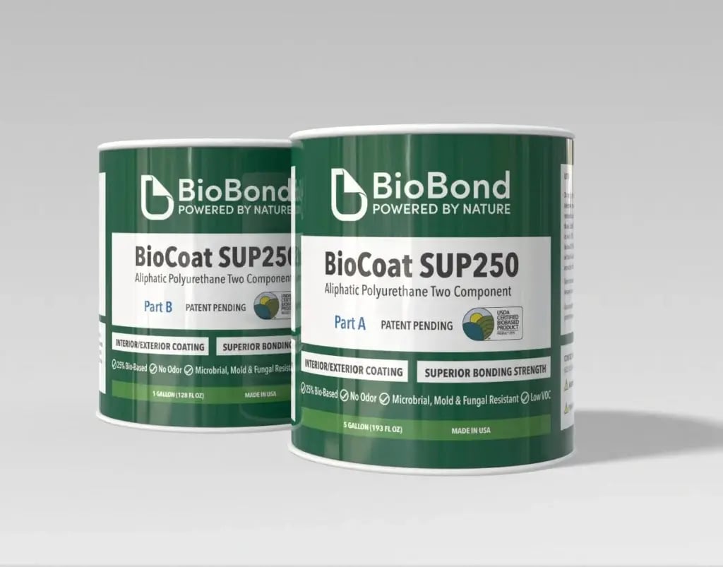 Two cans of BioBond SUP250 polyurethane floor coating, highlighting plant-based formulation and Clean Air certifications.