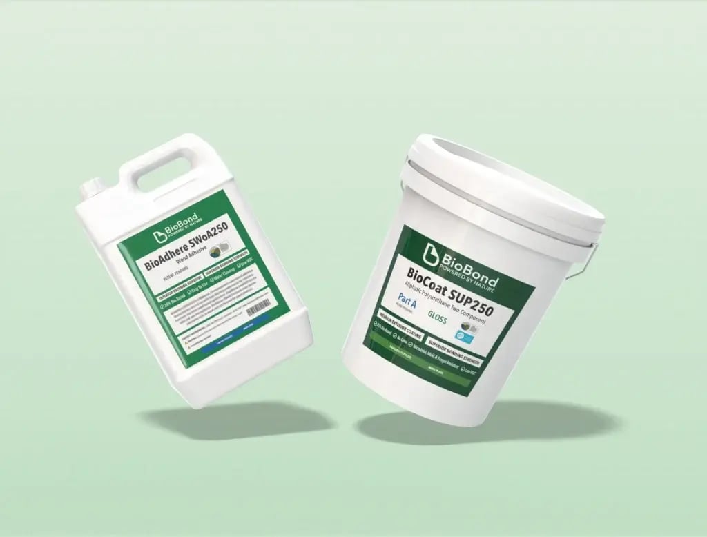 BioBond BioAdhere SWoA250 wood adhesive and BioCoat SUP250 protective coating shown in product containers against a clean background.