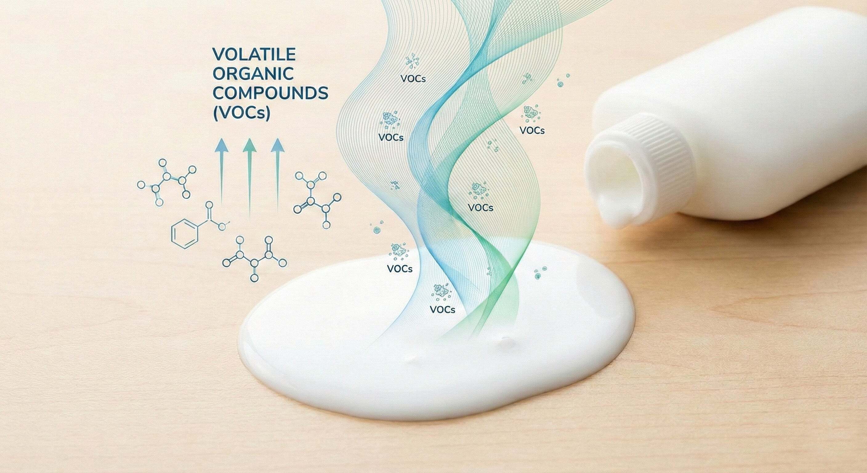 Illustration showing volatile organic compounds releasing from a liquid adhesive, representing VOC emissions that can affect indoor air quality.