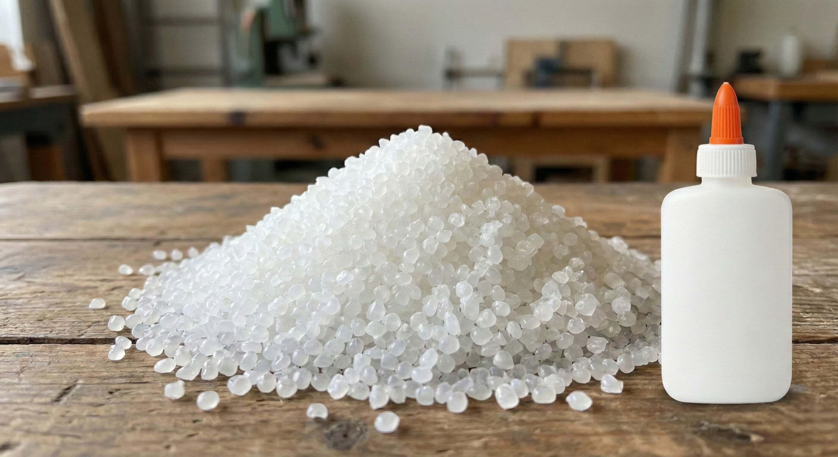 White polymer pellets next to a squeeze bottle, representing vinyl acetate–based materials used in conventional school adhesives.